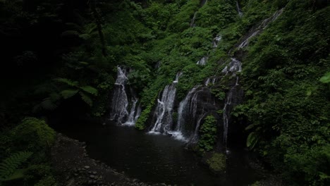 a scene of multiple waterfalls coming down into a pool in the depths of a jungle in bali, indonesia
