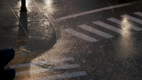 street corner under heavy rain at night with reflecting lights