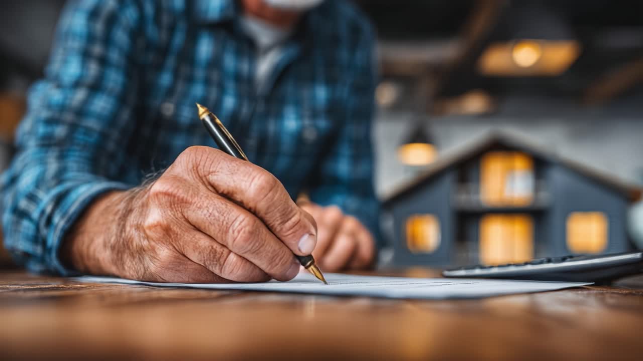 Un uomo anziano che scrive diligentemente degli appunti con una penna stilografica su carta, sullo sfondo sfocato di un accogliente ufficio domestico