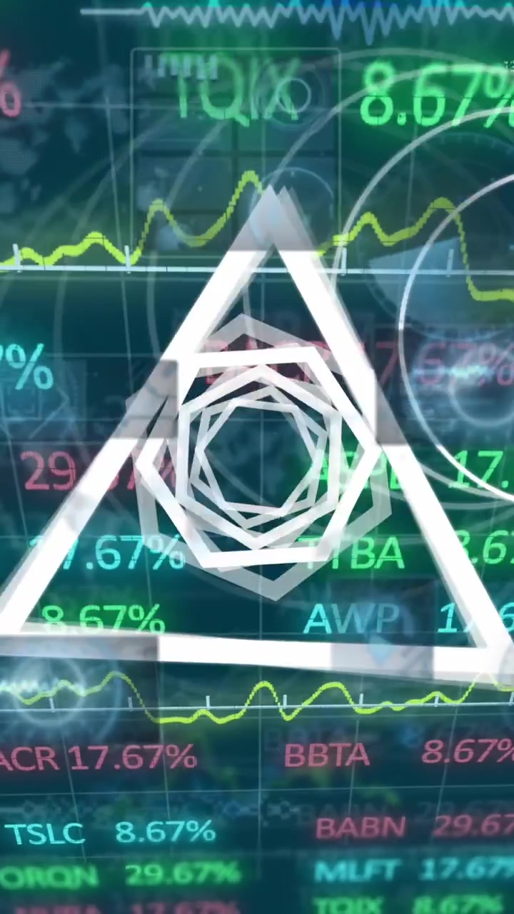 Animation of abstract geometric shapes spinning over stock market data processing and round scanners