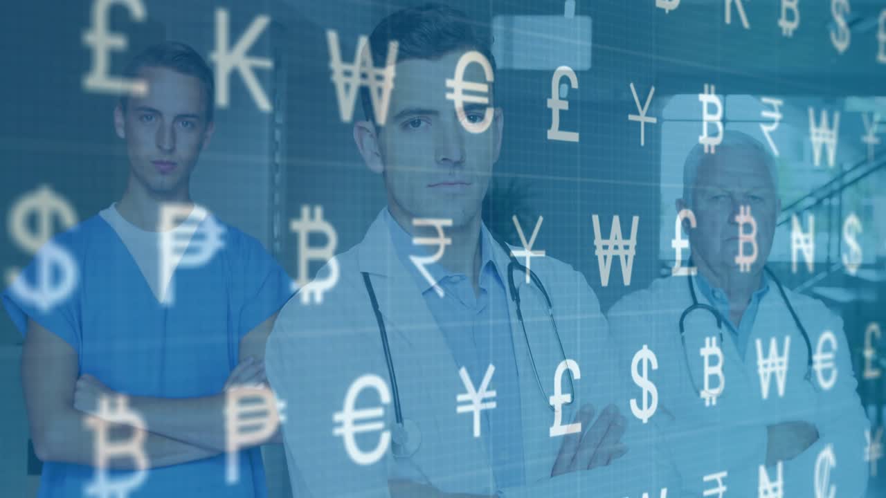 Three medical staff standing in clinic, money overlay shifting revealing doctor and showing costs