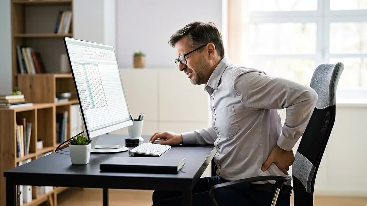 Man Suffering from Back Pain While Working on Computer in Office