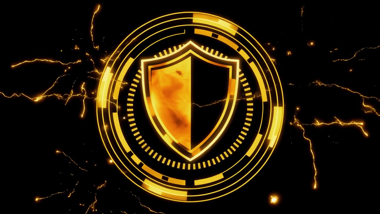 Golden Shield Security Icon with Digital HUD and Electric Sparks