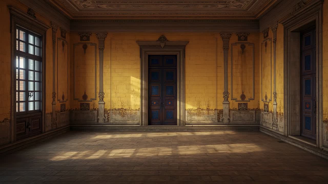 Luce solare che filtra attraverso un'alta finestra e si muove su un pavimento usurato, mostrando dettagli della porta per il settore immobiliare.