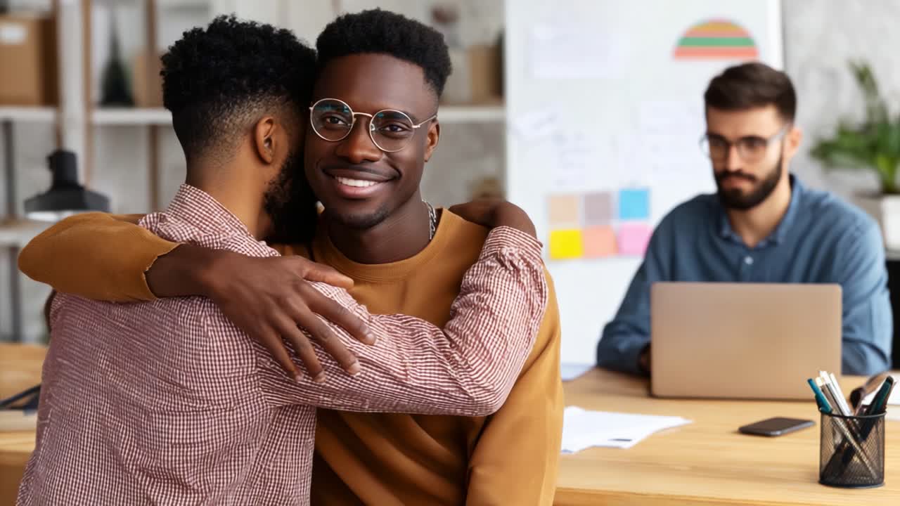 A Heartwarming Moment of Friendship Between Two Colleagues in a Modern Workspace, Highlighting Support, Connection, and the Joy of Professional Relationships