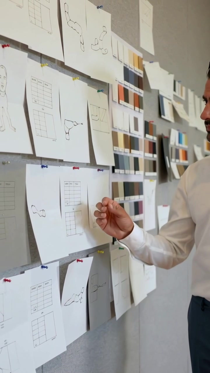 Vertical video: Comparing designer in white shirt matching chips on board, camera pan, copy space