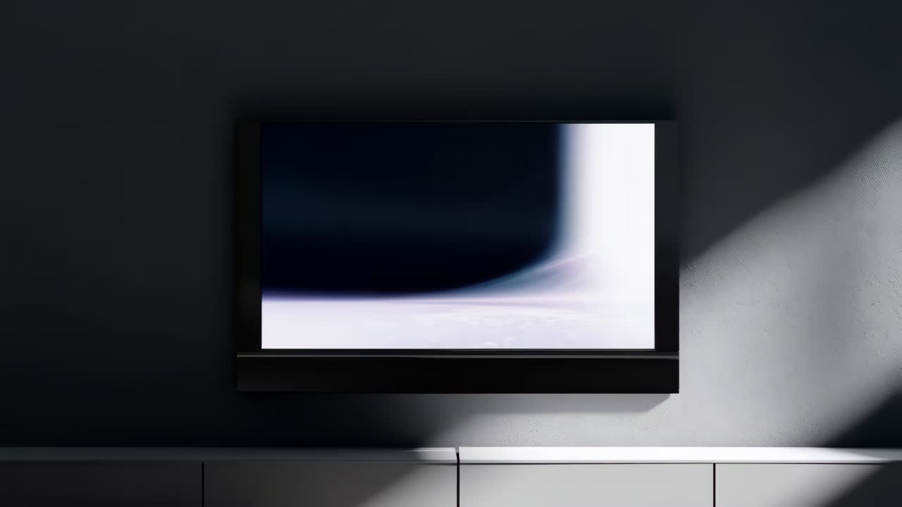 Modern TV and Soundbar Setup with Abstract Screen on Wall