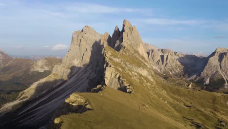 aerial push in above seceda, italy