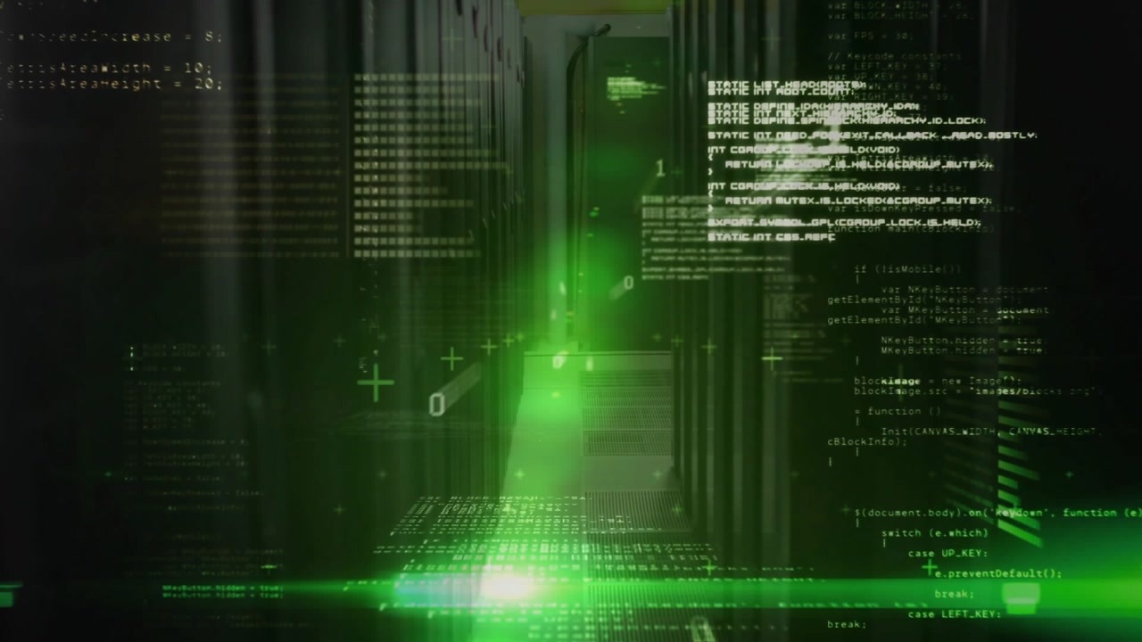 Green beam pulsing code blocks forming aisle while white beam scanning racks visualizing data flow
