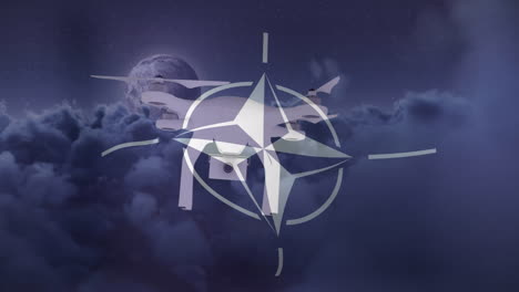 animación de aviones no tripulados y nubes sobre la bandera de la otan
