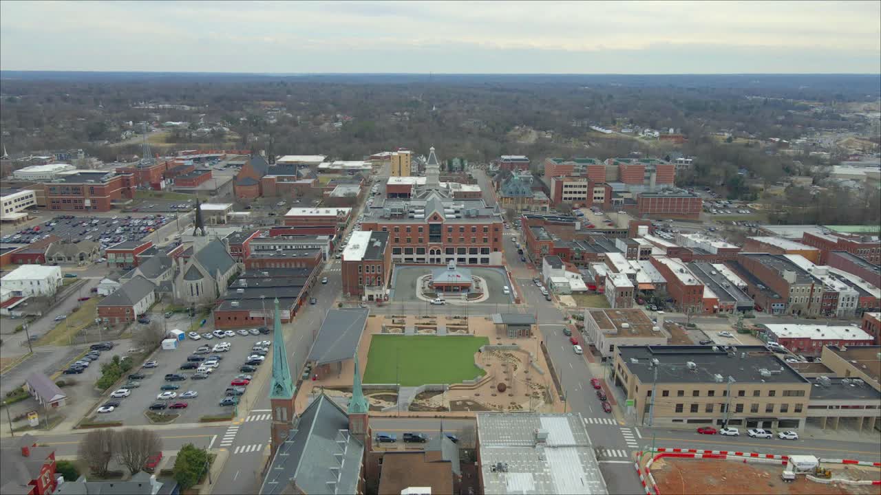 Drone flyaway shot of the Downtown Commons in Clarksville Tennessee