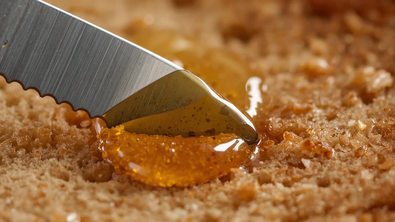 Inquadratura da sinistra, coltello seghettato che preme e solleva lo sciroppo sul toast sul tavolo della cucina per ricoprirlo