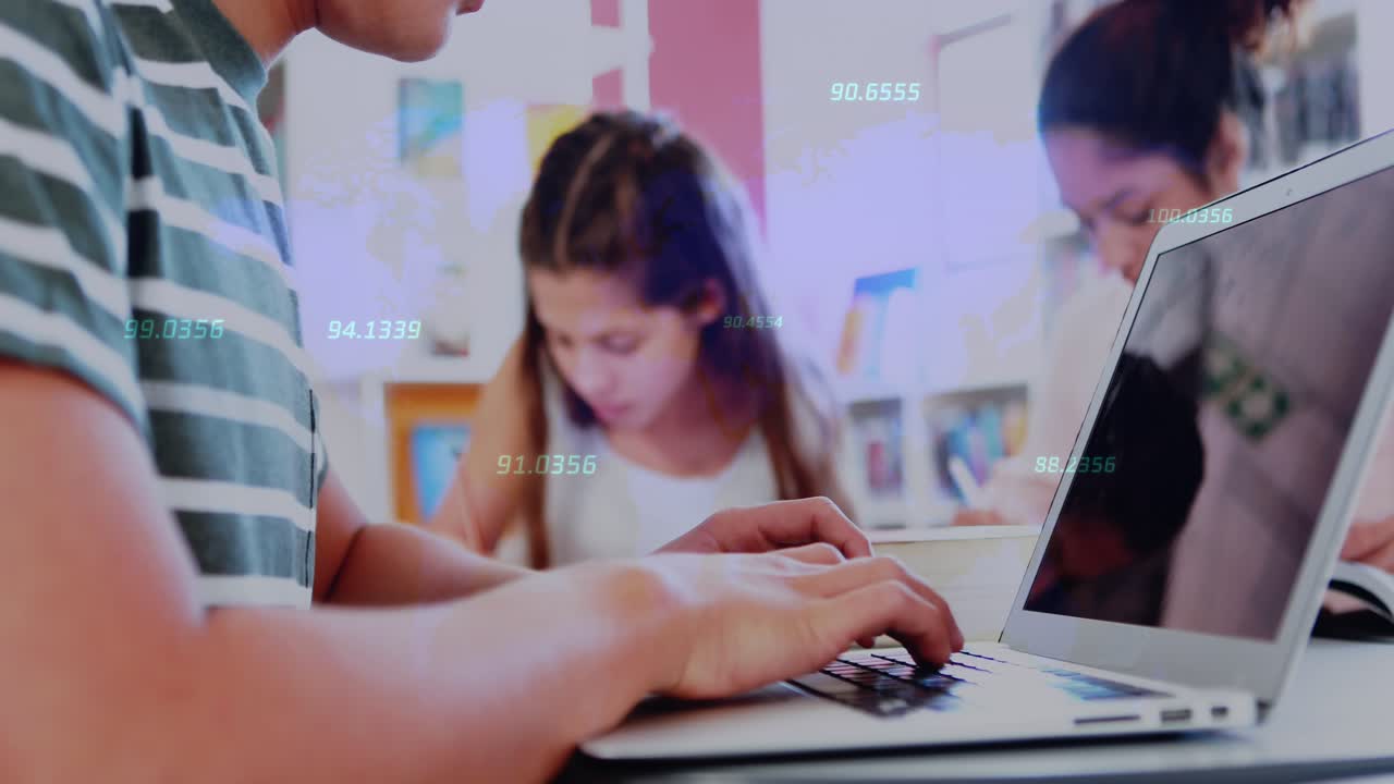Animation of statistics and data processing over business people wearing phone headsets