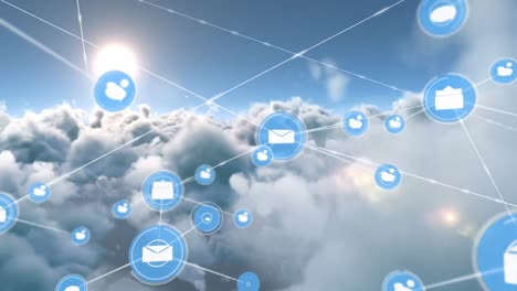 Animation-of-network-of-connections-with-icons-over-sky-with-clouds