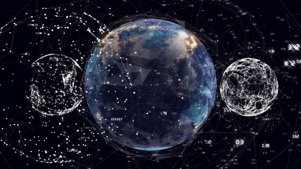 анимация сети соединений с обработкой данных по всему миру на черном фоне