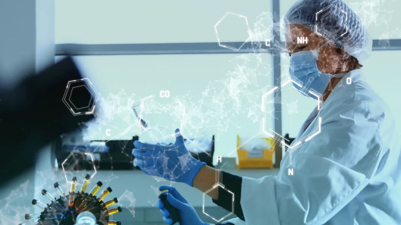 Animation of dna strand and chemical formula over caucasian female scientist doing experiment