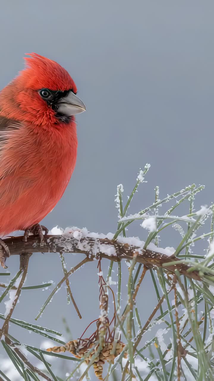 Vertical video: Tilting male cardinal leaning and pecking snowy conifer twig for seeds, copy space