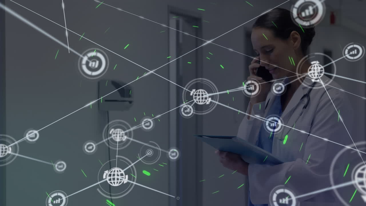 animación de una red de conexiones con iconos y formas sobre una doctora caucásica