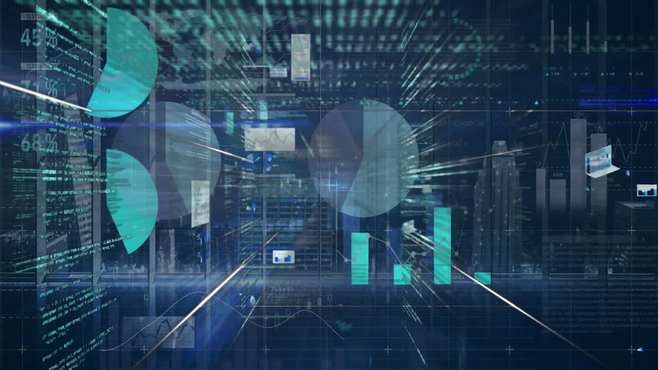 Multiple screens with statistical data processing over cityscape against blue background