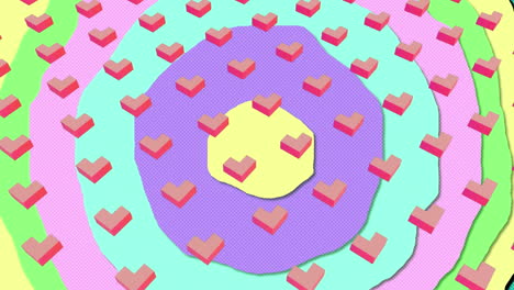 animation of 3d pink v shapes rotating over pastel wavy concentric rings