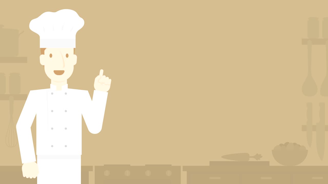부에서 모자를 입은 요리사, 밝은 갈색 배경, 복사 공간과 함께 4k 애니메이션