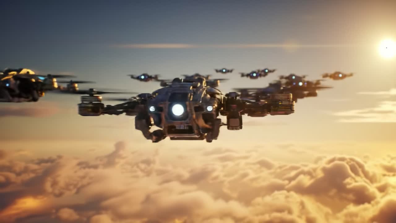 A fleet of drones flies elegantly through a vibrant sunset, navigating the skies above fluffy clouds. Their advanced technology showcases the beauty of aerial exploration during twilight.