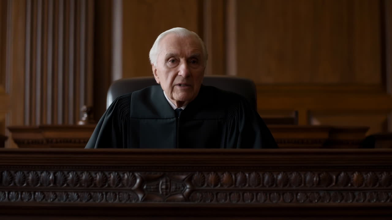 Anziano giudice bianco su una panca ornata, che pronuncia una sentenza solenne in un'aula di tribunale rivestita in rovere, con toga nera.