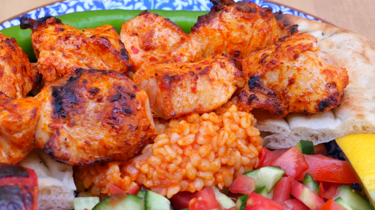 Chicken Shish Kebab with Rice and Salad