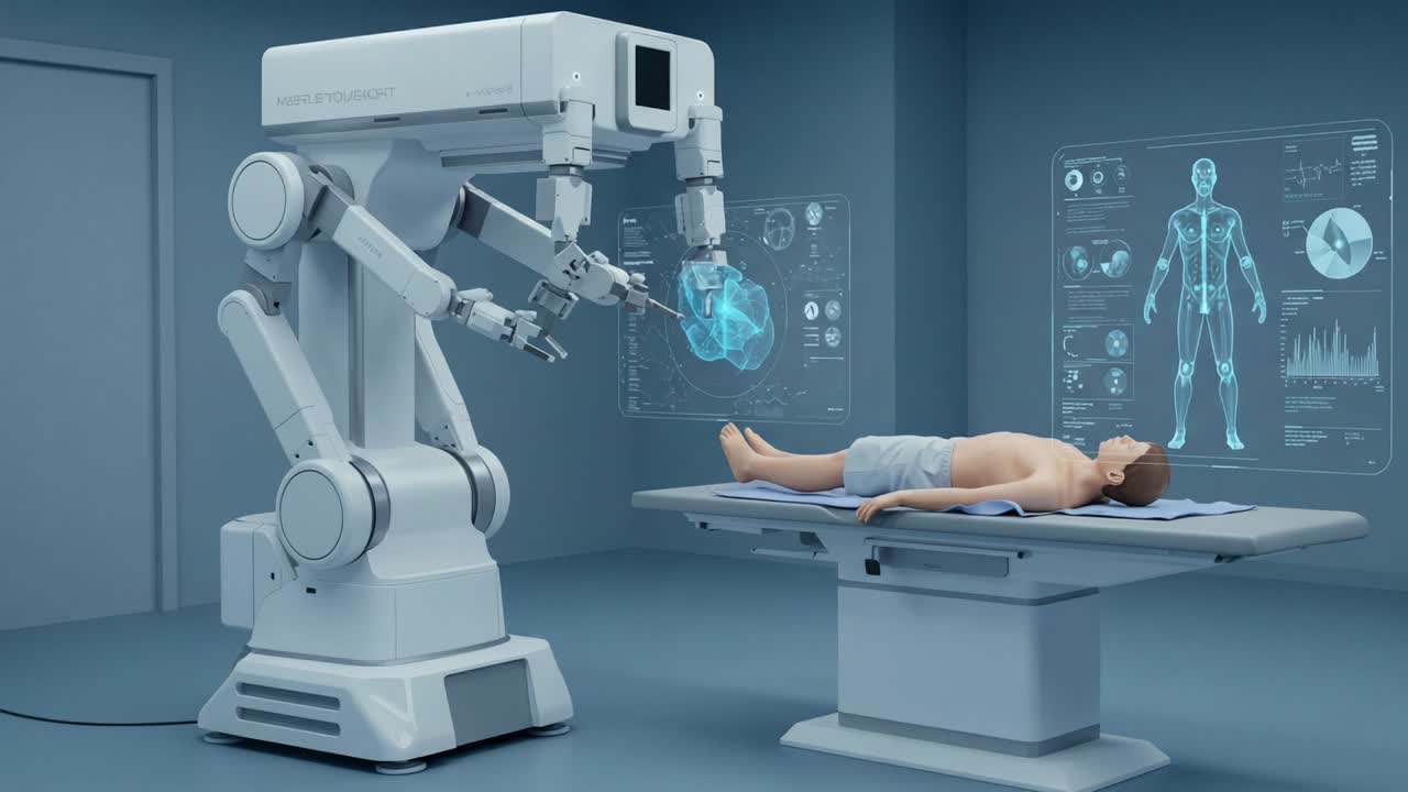 An Advanced Robotic Surgical System Engaged in Performing a Precision Procedure on a Patient, Highlighting the Integration of Technology and Medicine