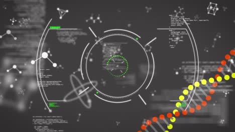 Animation-Eines-Doppelhelix-DNA-Strangs,-Der-über-Molekülen-Rotiert,-Die-Auf-Grauem-Hintergrund-Schweben