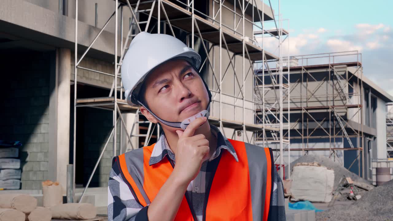 Close Up Of Asian Male Engineer With Safety Helmet Thinking About Something And Looking Around While Standing At Building & Construction Site in Progress to New House
