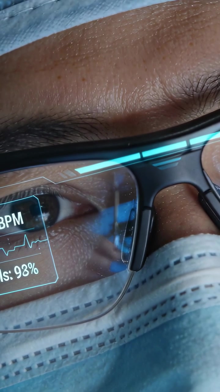 Vertical video: Responding to vitals HUD, masked surgeon touching AR lens in OR showing BPM SpO2