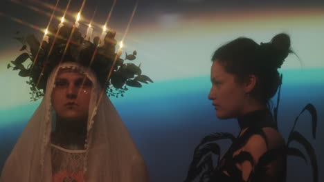 man with candle lit wreath and woman in feathers