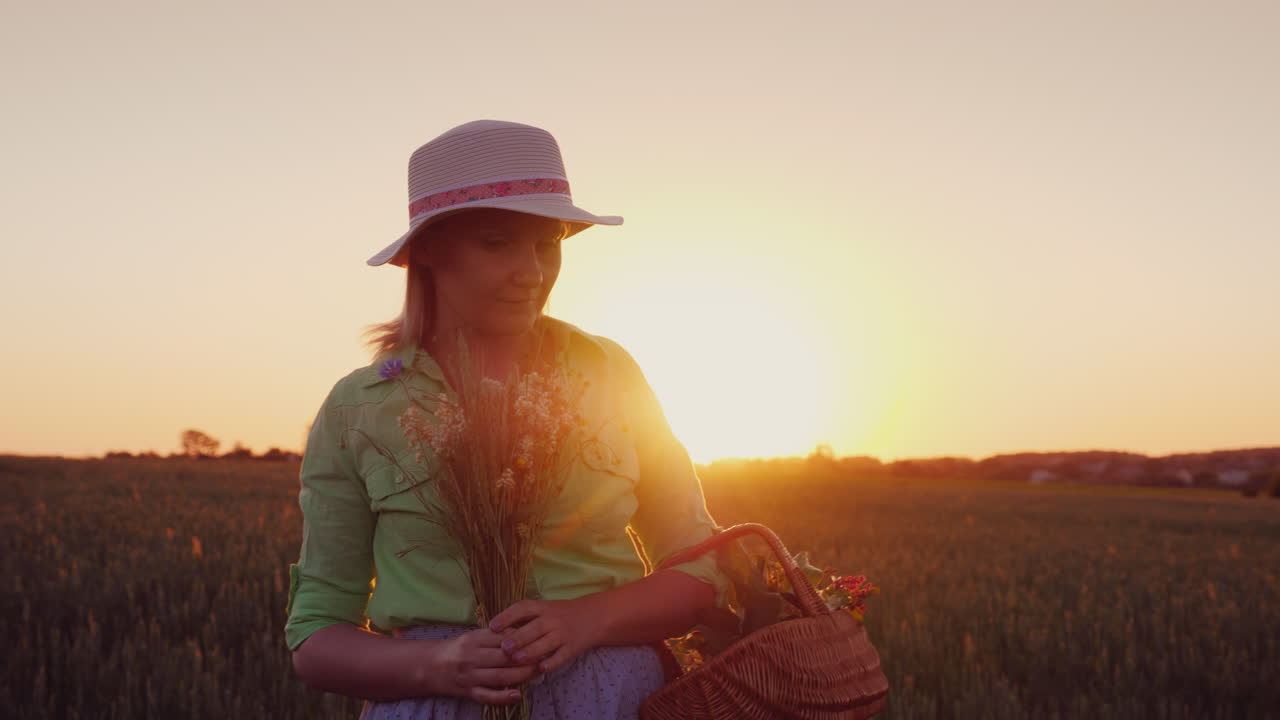 mujer en un sombrero con un ramo de flores silvestres caminando por el campo al atardecer 4k video