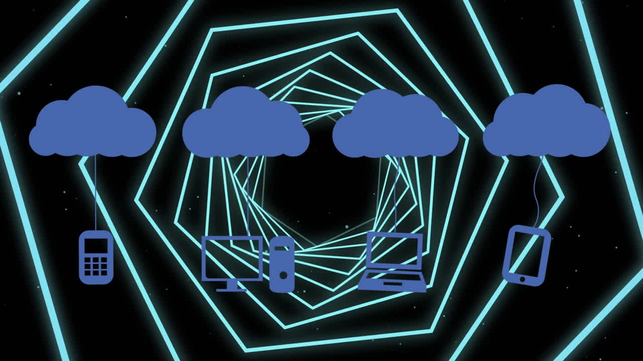 animación de nubes con iconos sobre hexágonos de neón