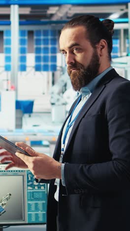 vertical video photovoltaics factory engineer holding tablet improving solar panels efficiency