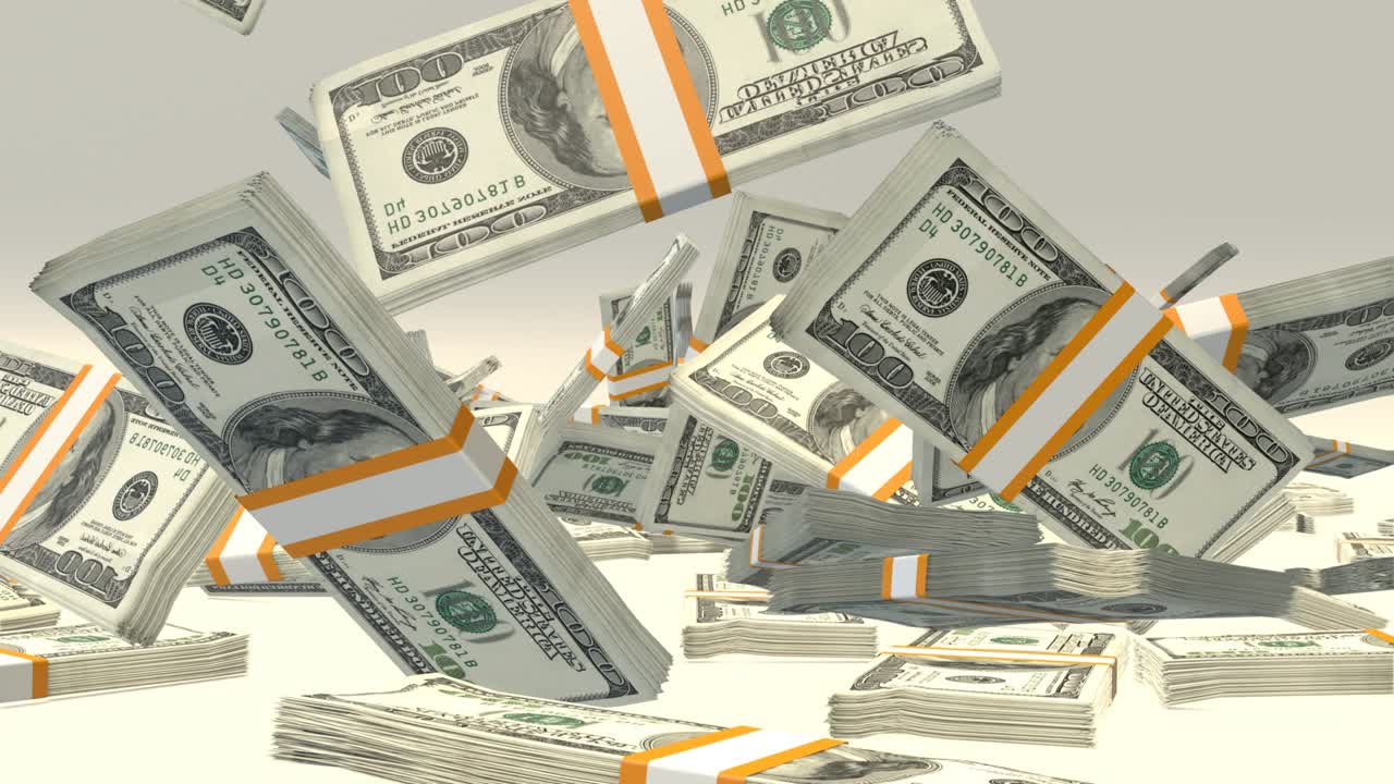 muchos paquetes de dinero cayendo sobre la mesa.