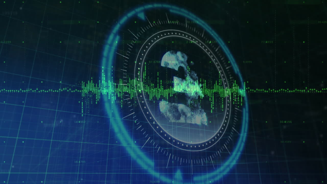 Central circular HUD element being displayed over grid showing green waveform on 3D globe render