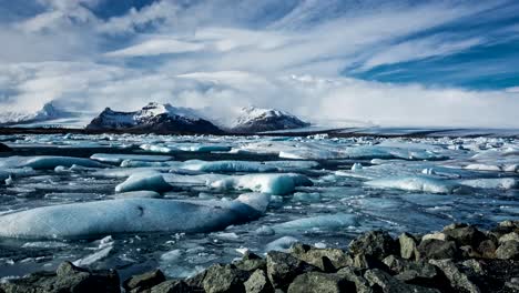 a time-lapse recording captures the scenic and dramatic landscape of melting glaciers under a blueish sky, creating a captivating visual narrative