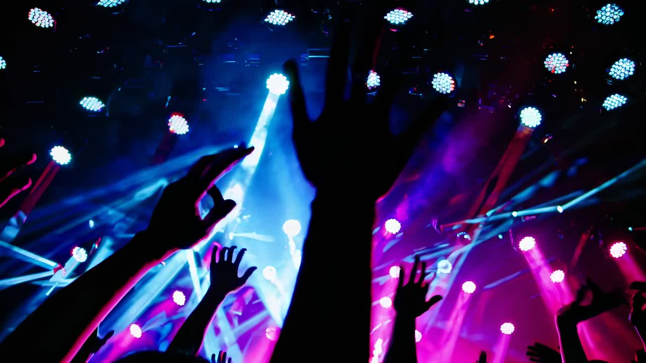 Cena vibrante de vídeo de show com mãos levantadas, luzes coloridas e uma atmosfera dinâmica