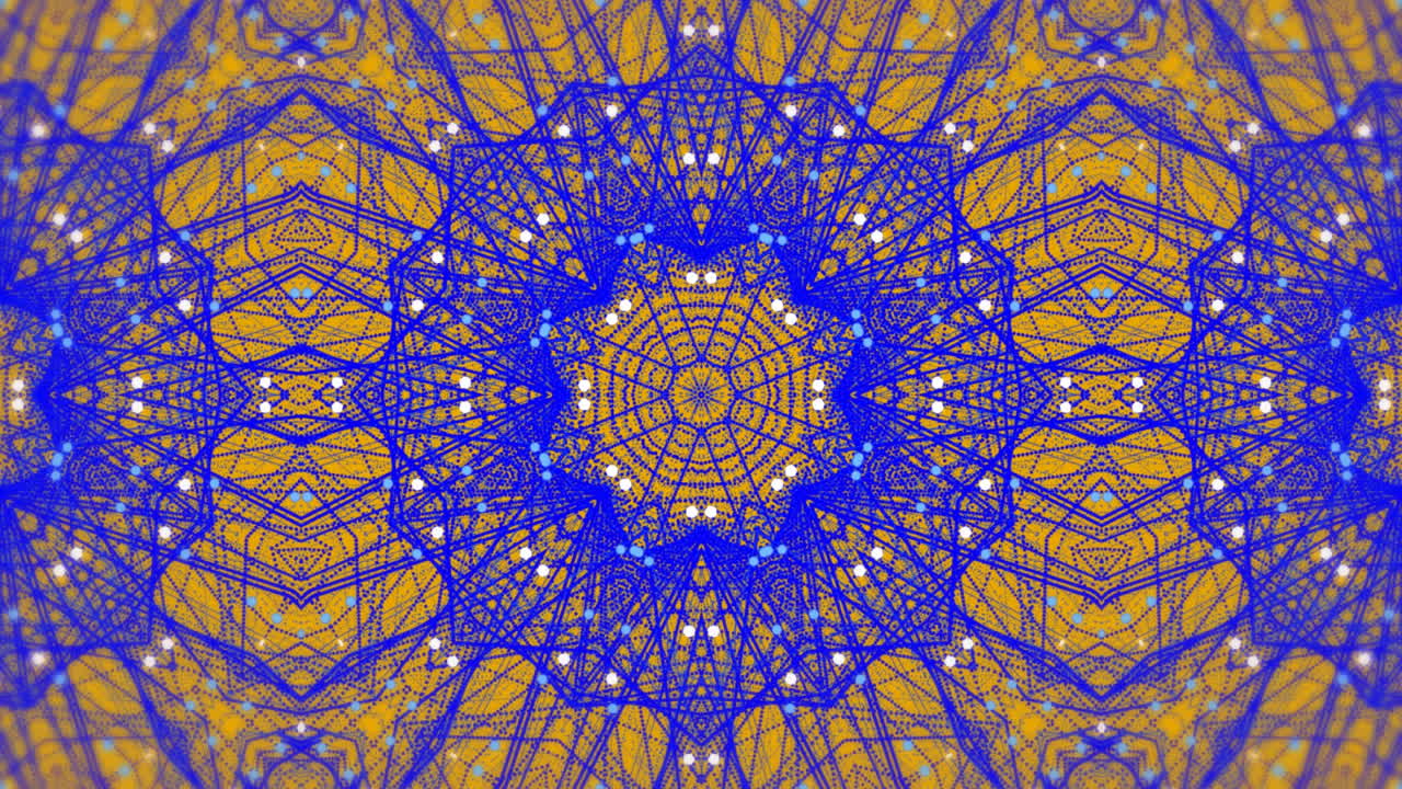 노란색 배경에 대해 최면적인 움직임으로 움직이는 보라색 칼레이도스코프 모양의 디지털 애니메이션