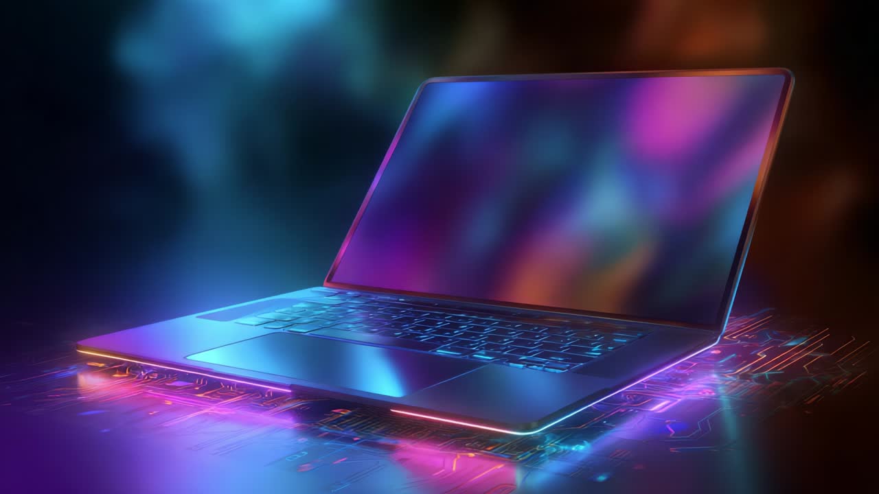 Stunning Visuals of an Illuminated Laptop Emitting a Multicolored Radiance While Surrounded by a Futuristic Circuitry Glow, Perfectly Capturing the Essence of Modern Technology and Innovation