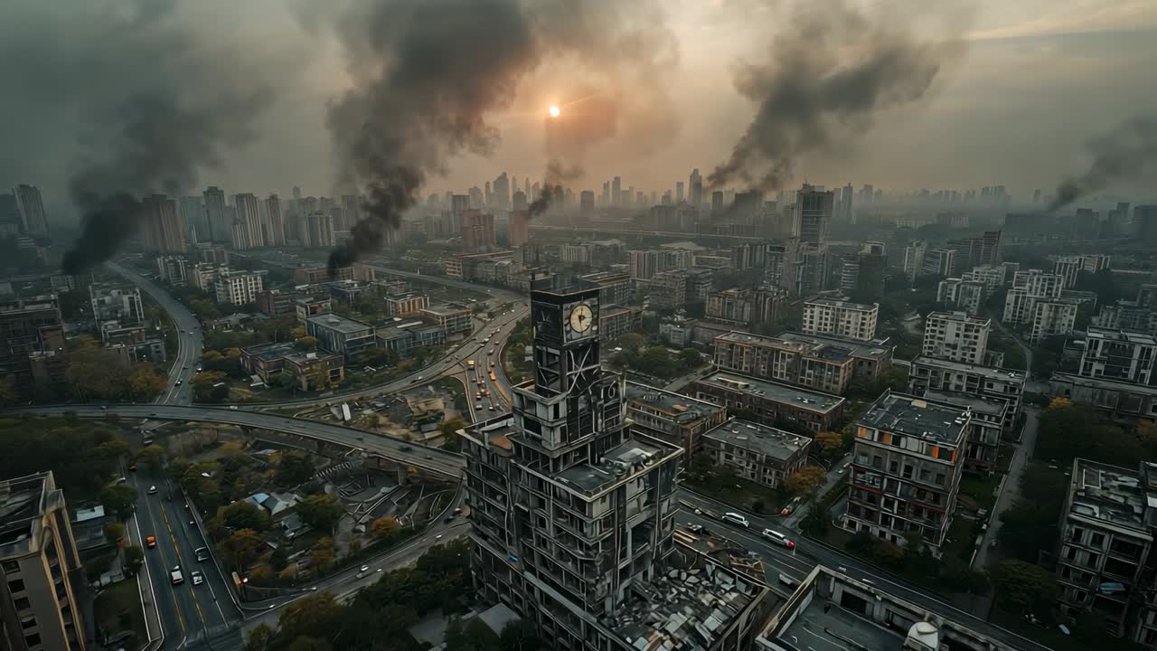 Rising smoke plumes aerial camera zooming to damaged clock tower at dawn showing highway traffic