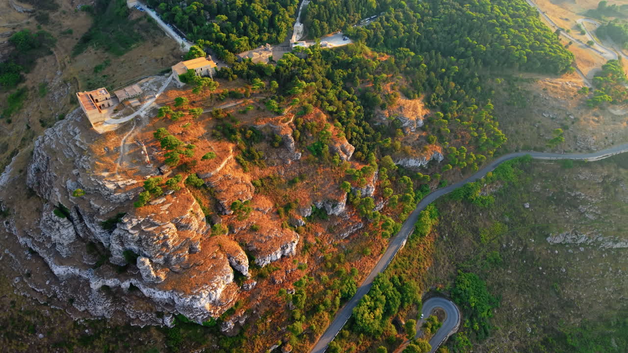 Aerial View Of Winding Road Through The Mountain At Sunset In Erice, Sicily