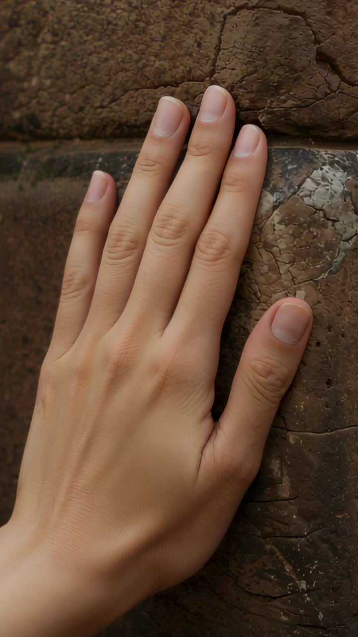 Vertical video: Placing bare hand entering frame and resting flat against worn brown stone surface