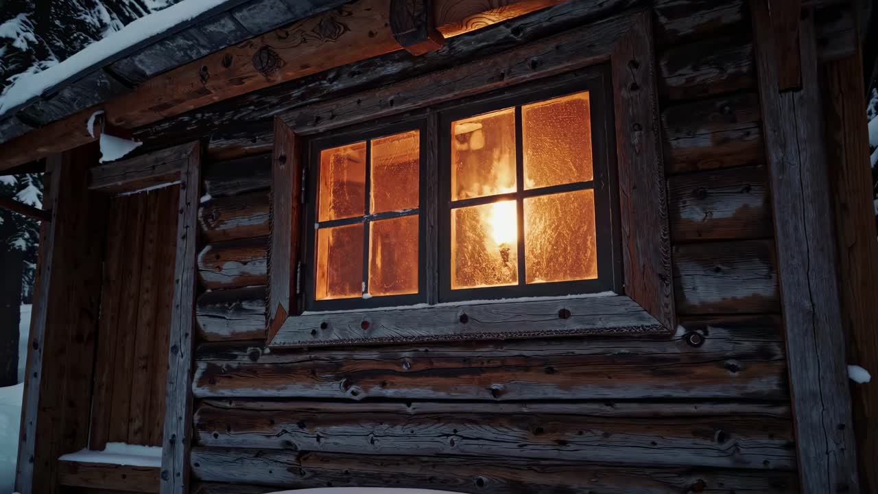Warm glow from a cabin window in snowy woods, captured at eye level