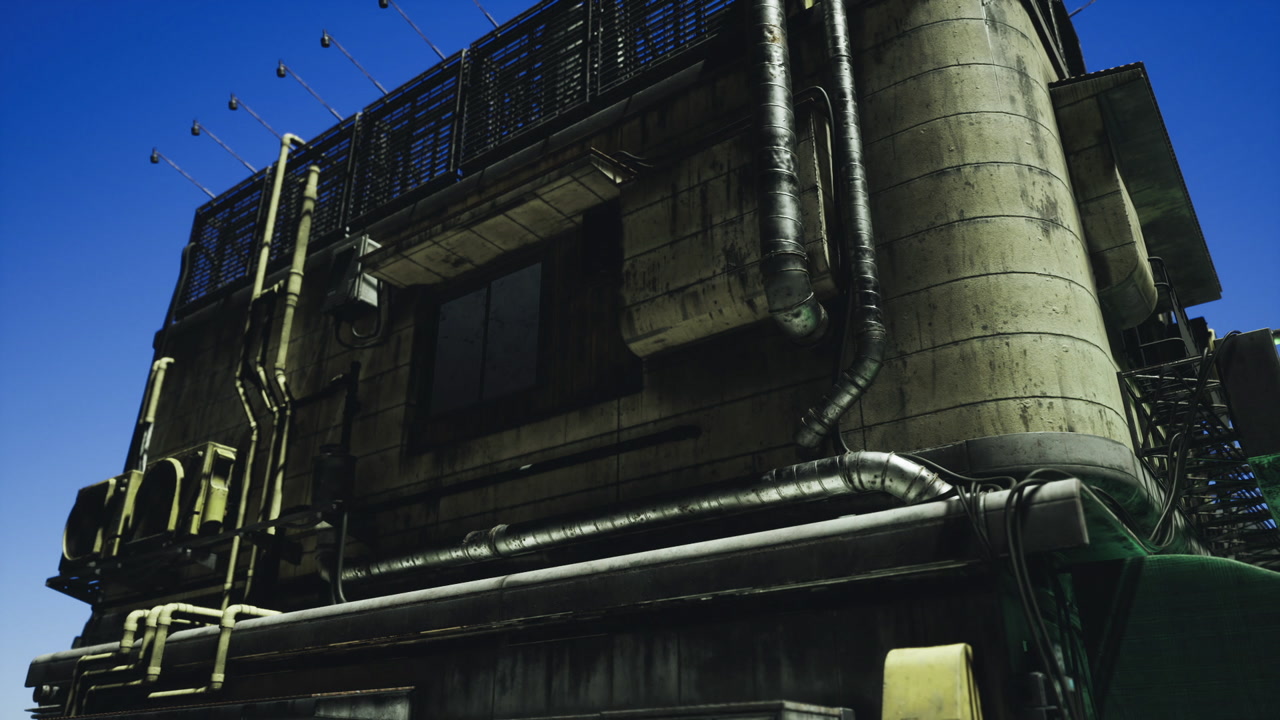 Urban industrial facade with pipes and shadows under blue sky
