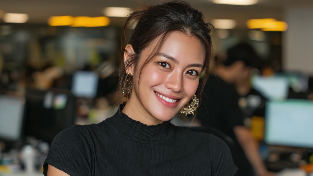A Bright and Confident Young Woman Beaming with Joy, Captured in a Dynamic Office Environment with Colleagues Working in the Background