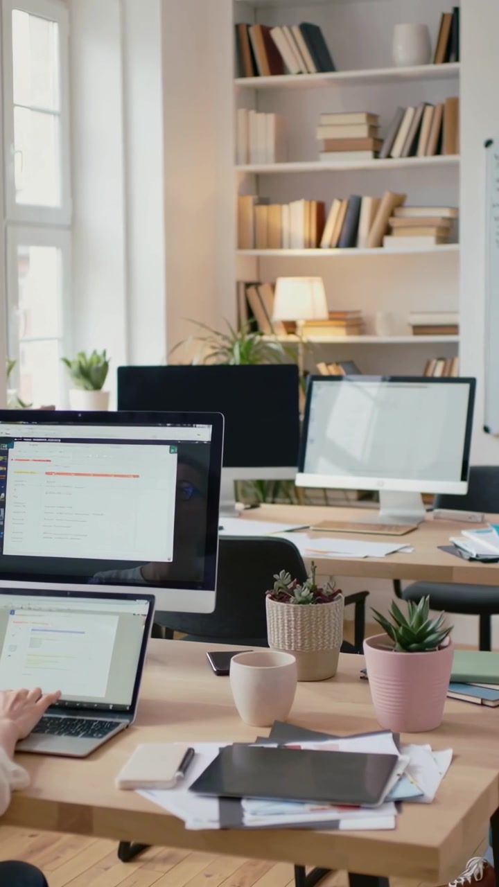 Vertical video: Typing hand in light sweater editing laptop document at office desk, with monitor