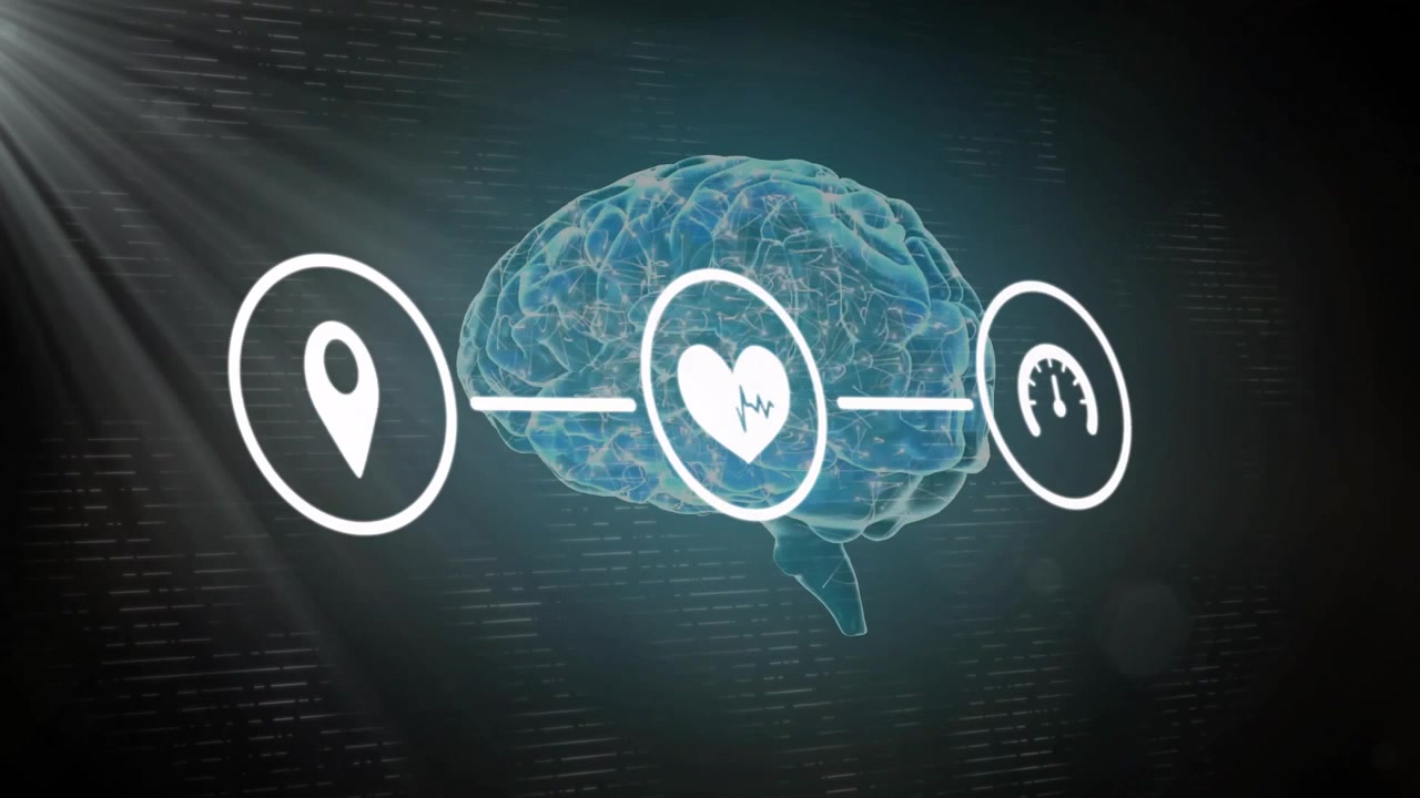 Modelo digital de cerebro humano con iconos animados de salud y ubicación